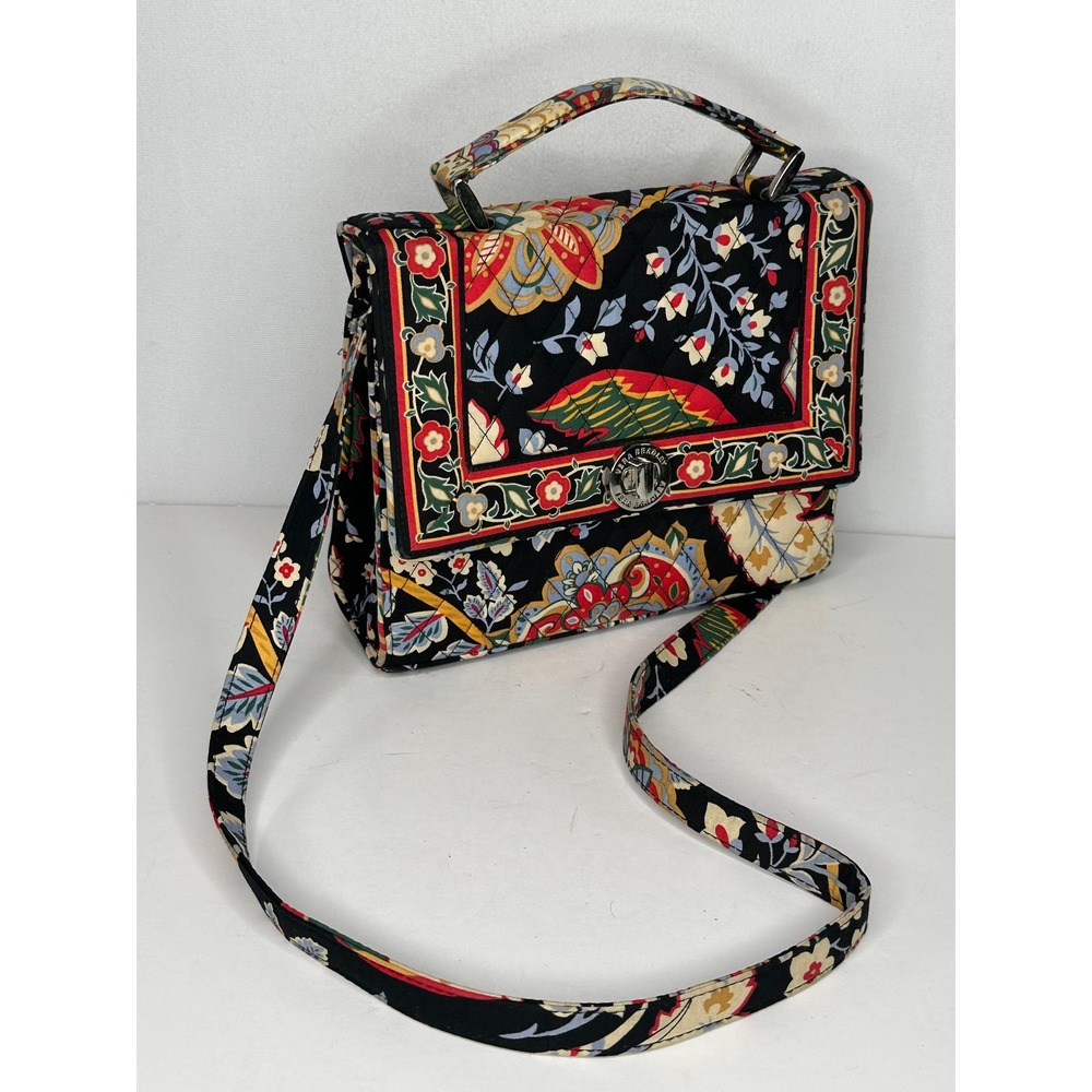 Vera Bradley Julia Versailles  Quilted Cotton Satchel Crossbody Bag Black Floral